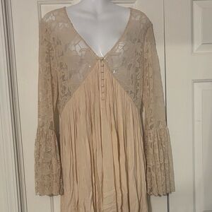 Free People Cream Bohemian Long Sleeve Dress